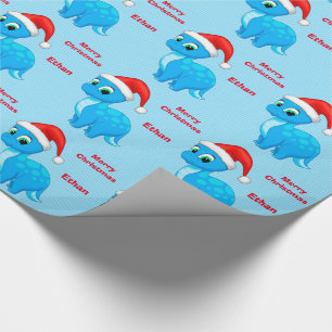 Cute Blue Baby Dinosour with Santa Hat Wrapping Paper