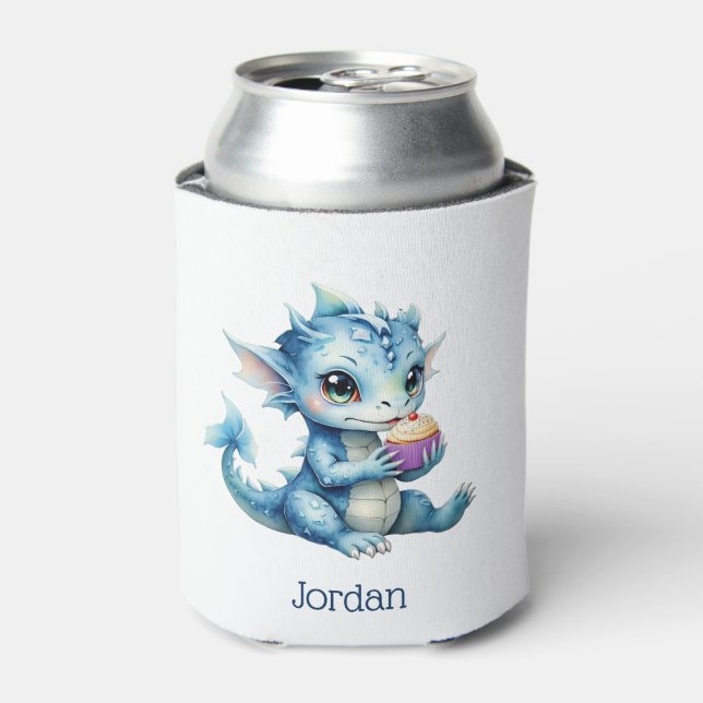 Cute Blue Baby Dragon Eating a Cupcake Can Cooler (Can Front)