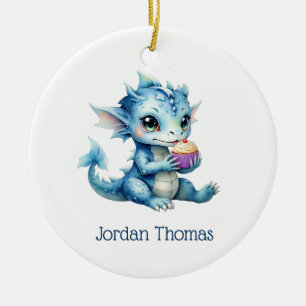 Cute Blue Baby Dragon Eating a Cupcake Ceramic Ornament