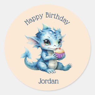 Cute Blue Baby Dragon Eating a Cupcake Classic Round Sticker