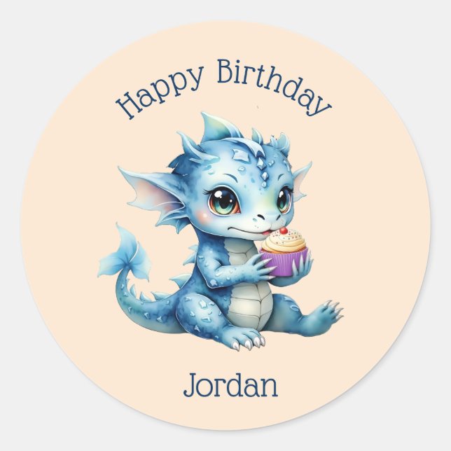 Cute Blue Baby Dragon Eating a Cupcake Classic Round Sticker (Front)