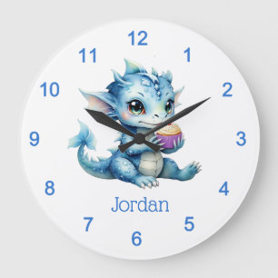 Cute Blue Baby Dragon Eating a Cupcake Large Clock