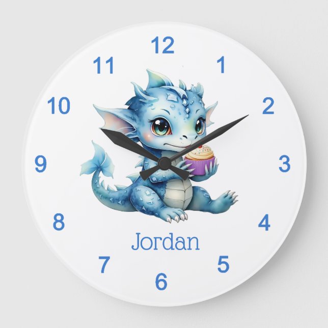 Cute Blue Baby Dragon Eating a Cupcake Large Clock (Front)