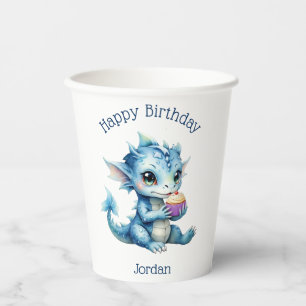 Cute Blue Baby Dragon Eating a Cupcake Paper Cups