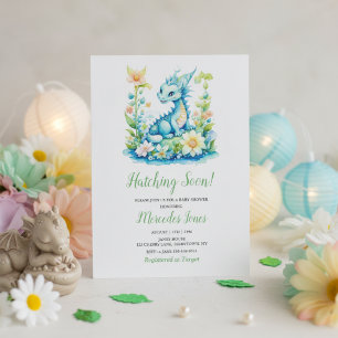 Cute Blue Baby Dragon “Hatching Soon” Baby Shower Invitation