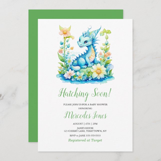 Cute Blue Baby Dragon “Hatching Soon” Baby Shower  Invitation (Front/Back)