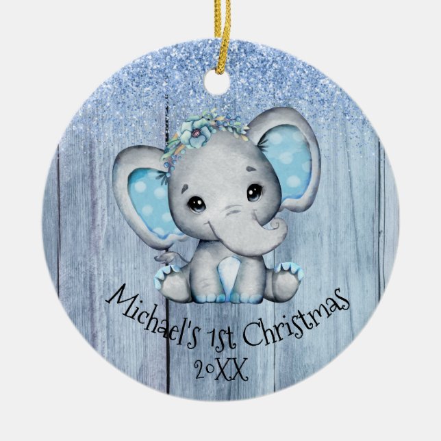Cute Blue Baby Elephant 1st Christmas Ceramic Ornament (Front)