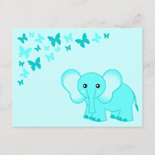 Cute Blue Baby Elephant And Butterflies Postcard