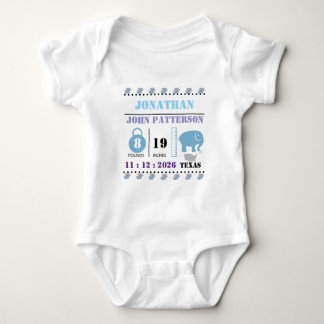 Cute Blue Baby Elephant Birth Announcement Baby Bodysuit