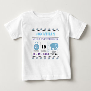 Cute Blue Baby Elephant Birth Announcement Baby T-Shirt