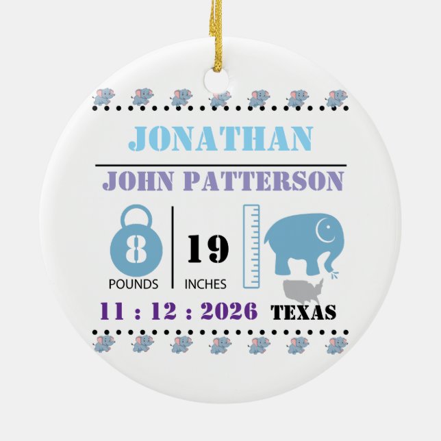 Cute Blue Baby Elephant Birth Announcement Ceramic Ornament (Back)