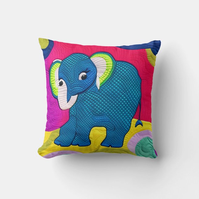 Cute Blue Baby Elephant - Quilt Like Design Cushion (Front)