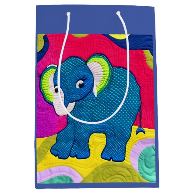 Cute Blue Baby Elephant - Quilt Like Design Medium Gift Bag (Front)