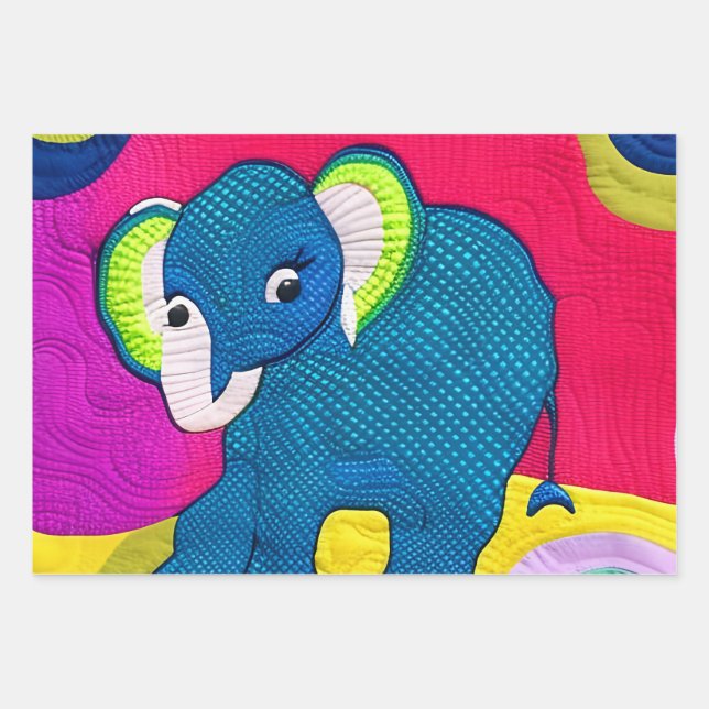 Cute Blue Baby Elephant - Quilt Like Design Wrapping Paper Sheet (Front)