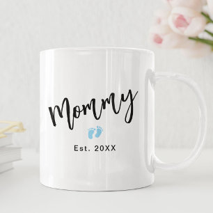Cute Blue Baby Feet Script Mummy Year Established  Coffee Mug