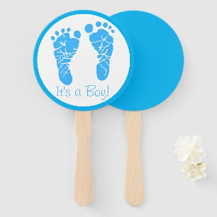 Cute Blue Baby Footprints Its a Boy Baby Shower Hand Fan