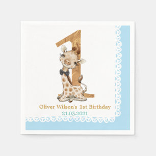 Cute Blue Baby Giraffe 1st Birthday Napkin