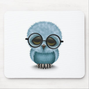 Cute Blue Baby Owl Wearing Glasses on White Mouse Pad