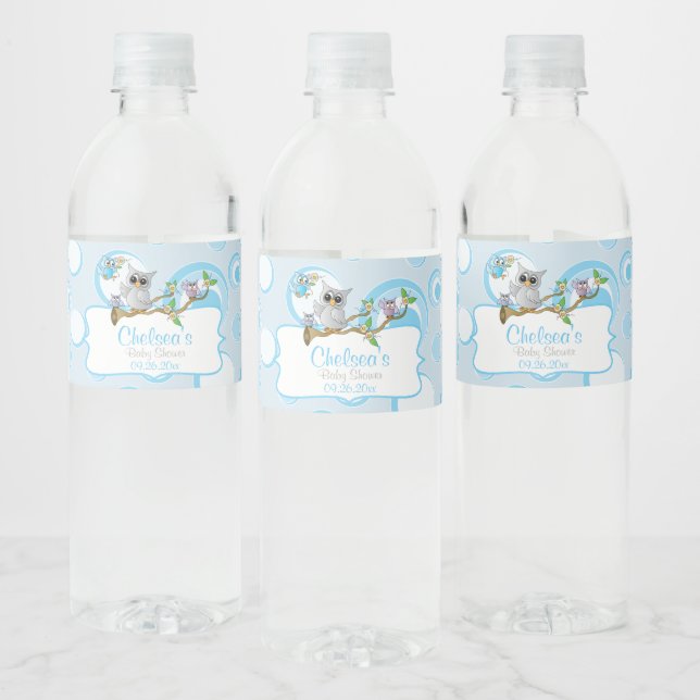 Cute Blue Baby Owls | Shower Theme Water Bottle Label (Bottles)