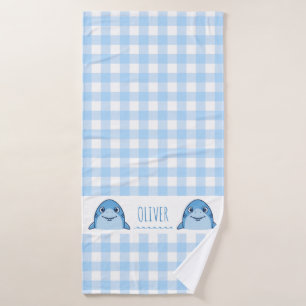 Cute Blue Baby Shark Gingham Name Birth Bath Towel