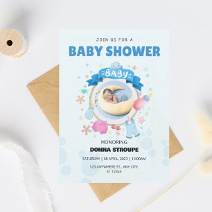 Cute Blue Baby Shower Invitation with Baby Moon