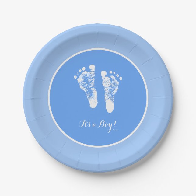 Cute Blue Baby Shower Its a Boy Newborn Footprints Paper Plate (Front)