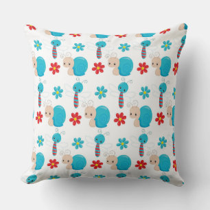 CUTE BLUE BABY SNAILS & RED FLOWERS CUSHION