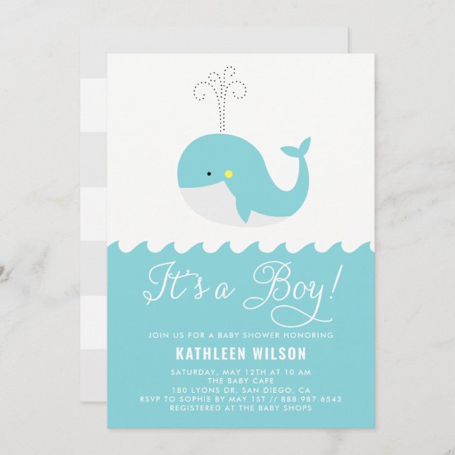 Cute Blue Baby Whale It's a Boy Baby Shower Invitation (Front/Back)