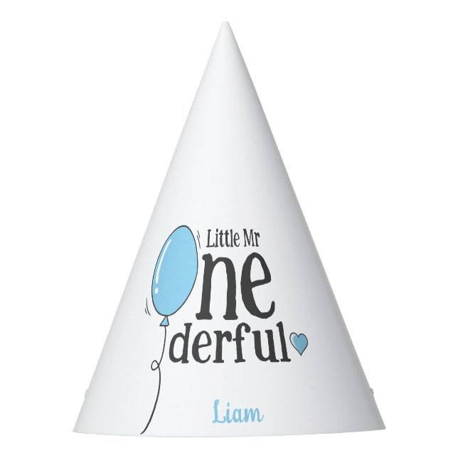 Cute Blue Ballon Little Mr Onederful Birthday Party Hat (Front)