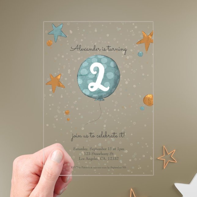 Cute Blue Balloon Second Birthday  Acrylic Invitations (Creator Uploaded)