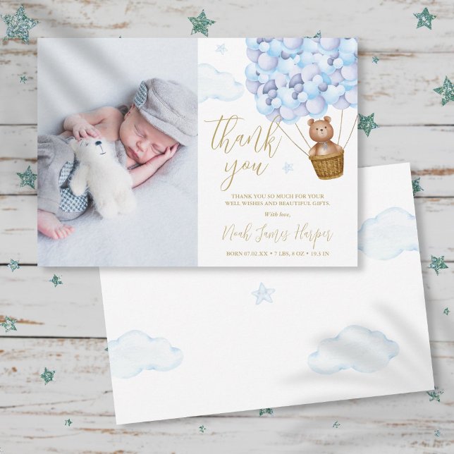 Cute Blue Balloons Bear Newborn Baby Photo Thank You Card (Creator Uploaded)