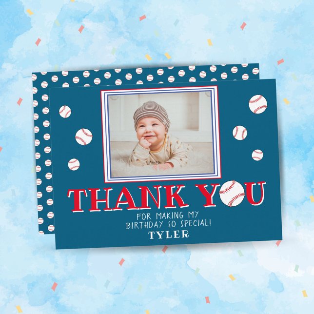 Cute Blue Baseball Ball Sports Birthday Photo Thank You Card (Creator Uploaded)