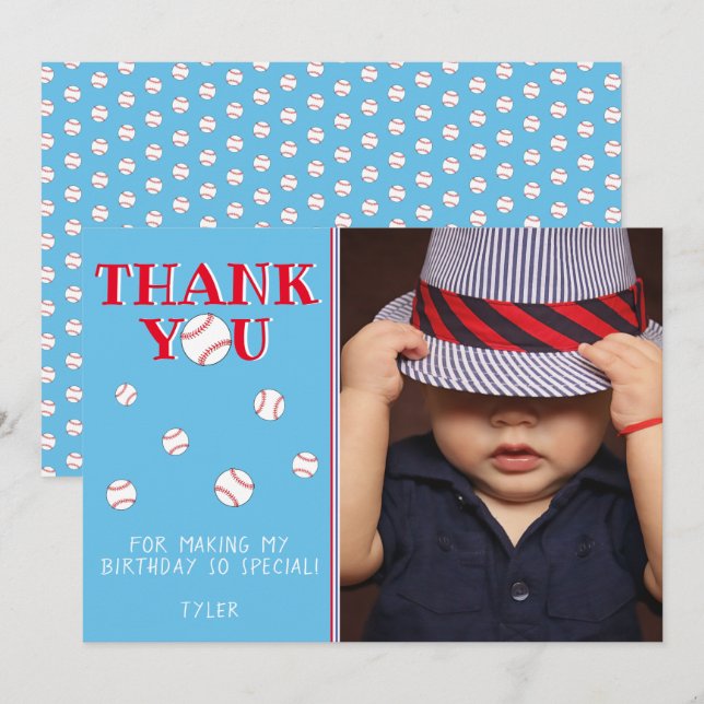 Cute Blue Baseball Ball Sports Birthday Photo Thank You Card (Front/Back)