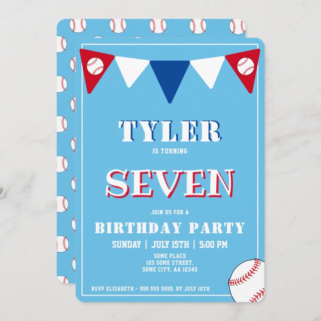 Cute Blue Baseball Birthday Invitation Birthday (Front/Back)