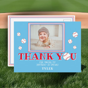 Cute Blue Baseball Birthday Thank you Photo Card