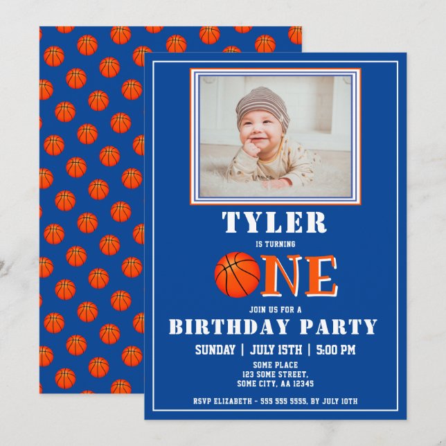 Cute Blue Basketball Photo 1st Birthday Invitation (Front/Back)