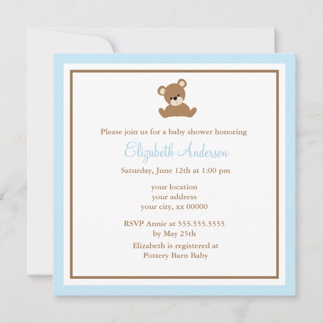 Cute Blue Bear Baby Shower Invitation (Front)