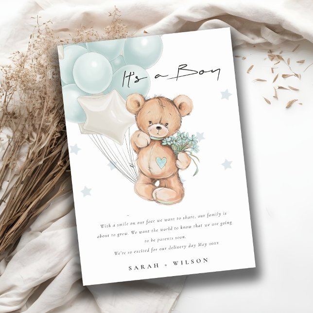 Cute Blue Bear Balloon Baby Announcement Card  (Creator Uploaded)