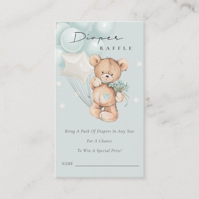 Cute Blue Bear Balloon Diaper Raffle Baby Shower Enclosure Card (Front)