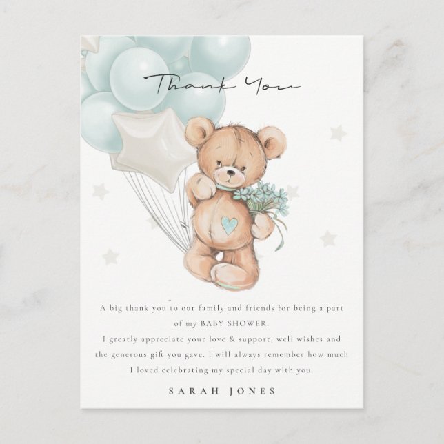 Cute Blue Bear Bearly Wait Balloon Baby Shower Postcard (Front)