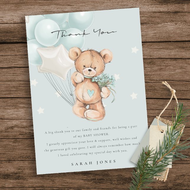 Cute Blue Bear Bearly Wait Balloon Baby Shower Thank You Card (Creator Uploaded)