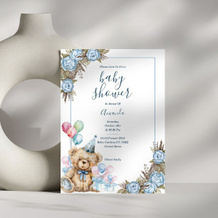 Cute Blue Bear Floral Baby Shower Invitation