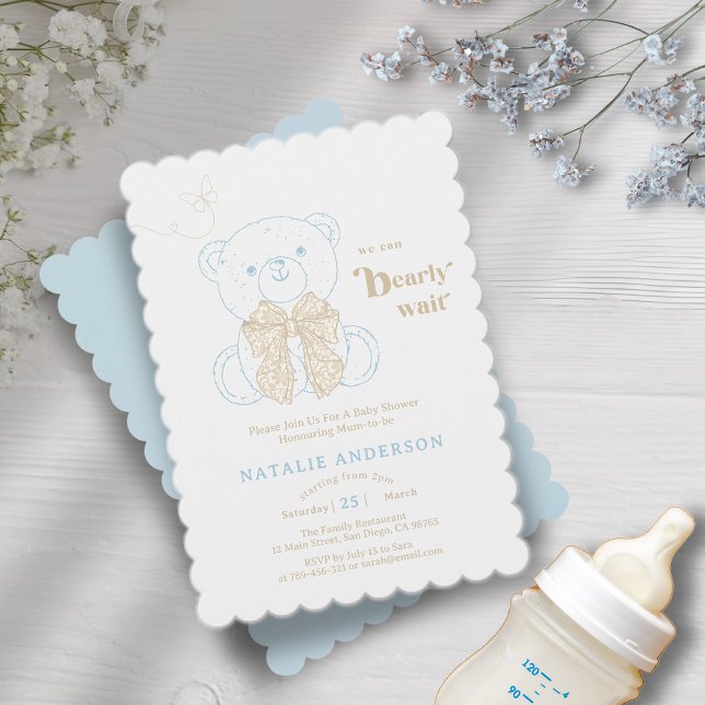 Cute Blue Bear We Can Bearly Wait Baby Shower Invitation (Cute Blue Bear We Can Bearly Wait Baby Shower Invitation)