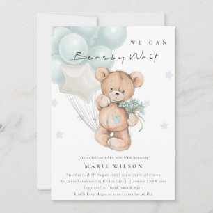 Cute Blue Bearly Wait Balloon Baby Shower Invite