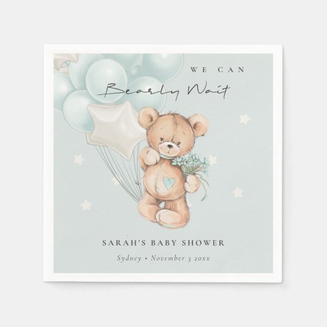 Cute Blue Bearly Wait Bear Balloon Baby Shower Napkin (Front)