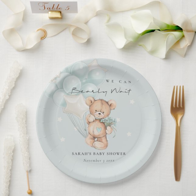 Cute Blue Bearly Wait Bear Balloon Baby Shower Paper Plate (Wedding)