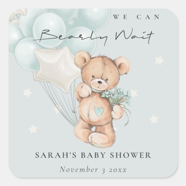 Cute Blue Bearly Wait Bear Balloon Baby Shower Square Sticker (Front)
