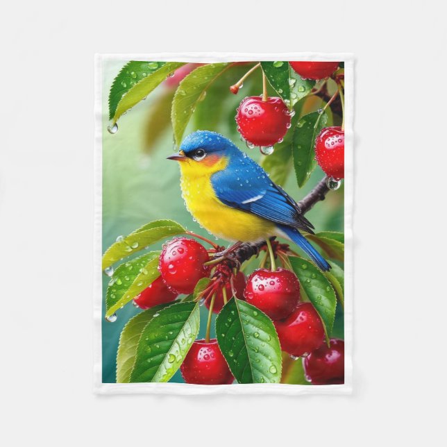 Cute Blue Bird and Cherries Throw Blanket (Front)