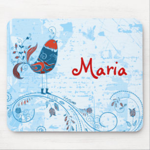 Cute Blue Bird Girly Retro Floral Fashion Mouse Pad