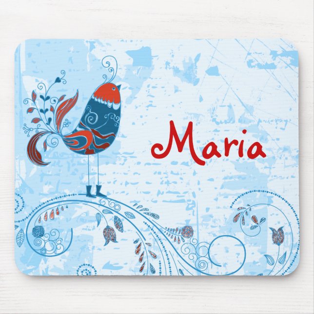 Cute Blue Bird Girly Retro Floral Fashion Mouse Pad (Front)